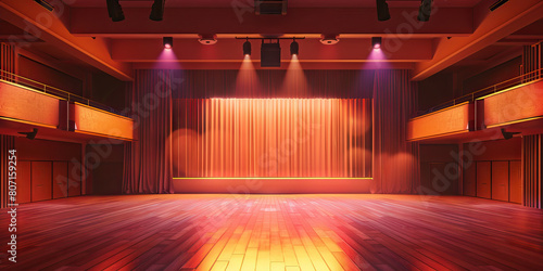 Auditorium Floor: Featuring a stage, seating for performances or presentations, lighting rigs, and sound equipment