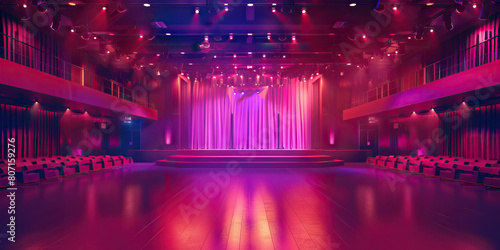 Auditorium Floor: Featuring a stage, seating for performances or presentations, lighting rigs, and sound equipment