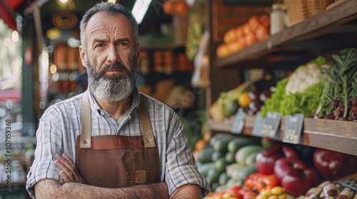 A man stands in front of a produce stand with his arms crossed. He looks serious and focused