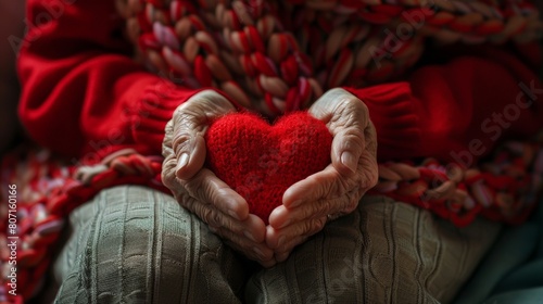 An elderly person is holding a red heart-shaped object in their hands. The object is. The person is wearing a red shirt and has a red scarf around their neck. The background is blurry, but it looks li