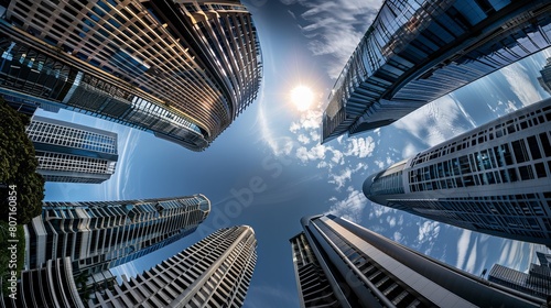A view from below of skyscrapers in Singapore, with a fish-eye lens effect making them look curved.