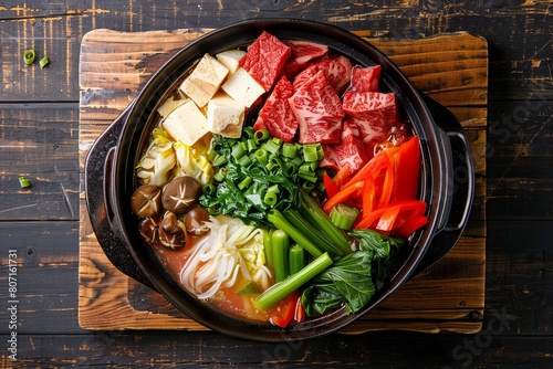 Sukiyaki pot with Kobe beef and vegetables on rustic wooden board viewed from above