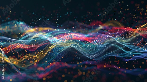 Abstract data streams are shown using colored lines and dots. It represents big data, technology, artificial intelligence, data movement, data flow, and language models.