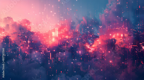 Digital Dreamscape Made of Pixelated Abstract Forms and Hues - Conceptual Pixelated Dreamland in Photo Realistic Style