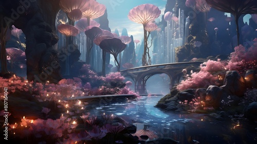 Fantasy fantasy landscape with a bridge over the river. 3d illustration