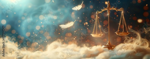 A golden scale suspended in mid-air, with feathers representing truth and justice on each side