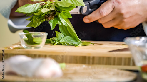 Close up of chef Butcher cutting sweet basil with scissors on kitchen, cooking food. The chef butcher preparing sweet basil for cook.