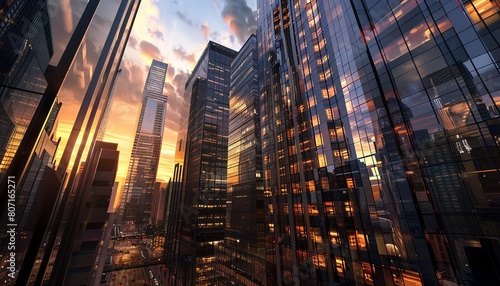 Capture a worms-eye view of a modern financial district at dusk using CG 3D techniques to showcase towering skyscrapers with sleek