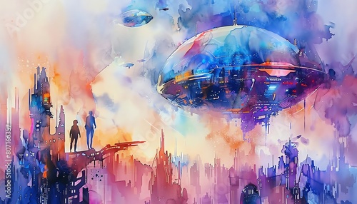 Illustrate a captivating scene merging futuristic technologies with romantic themes in a traditional watercolor painting Experiment with aerial perspectives and unexpected camera a