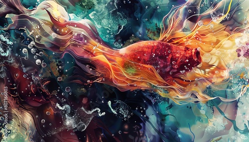 Imagine a captivating underwater realm where abstract art transforms into a surreal symphony of shapes and colors Dive deep into a world where marine creatures express melodies in 