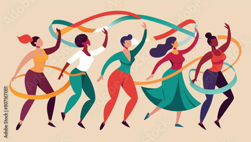 A captivating ensemble of dancers twirling ribbons and hoops to the beat of the music in perfect unison.. Vector illustration