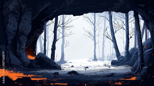 A stylized illustration of an empty cave opening to a forest with barren trees and subtle light.