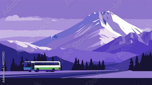 An illustration of an intercity bus traveling on a highway with a majestic mountain in the background.