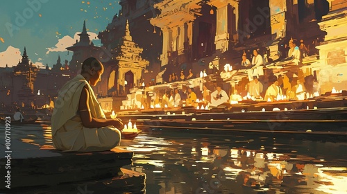 monk sitting near the temple. With copy space for text. Asian culture concept