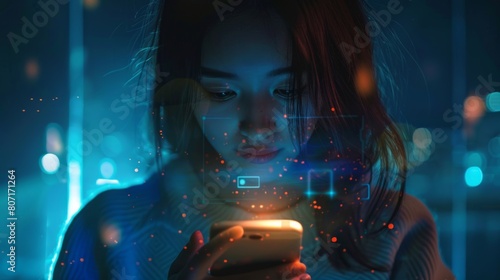 The concept of customer support, interface customization, etc., is illustrated by a girl holding a smartphone. She presses on the technical support button on a virtual screen.