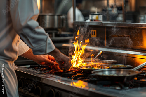 chef working in the kitchen, In the heart of a bustling restaurant kitchen, the deft hands of a seasoned chef work their magic amidst the flickering flames of the stovetop