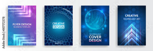 Modern technology design for posters. Futuristic background for flyer, brochure. Scientific cover template for presentation, banner. Set of high-tech covers for marketing.