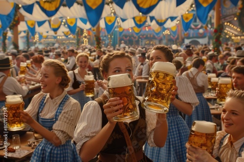 Oktoberfest Celebration in Munich with Revelers in Traditional Attire Inside a Beer Tent