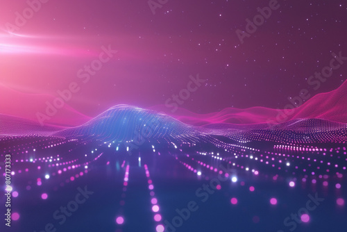 The image is a beautiful landscape with a mountain range in the distance. The sky is a gradient of pink and purple, and the ground is covered in a grid of glowing pink lights.