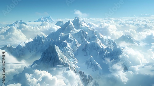 A breathtaking mountain range with snow-capped peaks rising into the clouds.