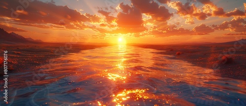 Breathtaking sunset, serene ocean, golden hue, tranquil waters, cloudy sky