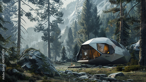 A futuristic camping pod sits in a clearing in the woods.