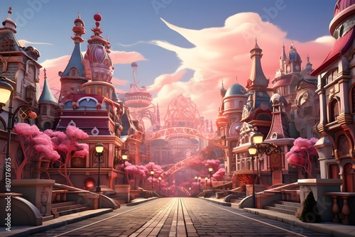 Fantasy landscape with fantasy castle and road, 3d render illustration