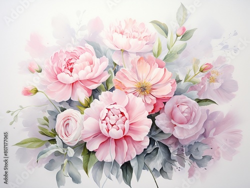 Soft, ethereal watercolor of a bouquet filled with ranunculus and stock, with overlapping petals suggesting a serene breeze , watercolor painting