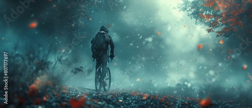 A person rides a bike amidst falling leaves in a misty forest