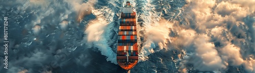 A large container ship sails through the rough seas. The ship is surrounded by dark clouds and rough waves.