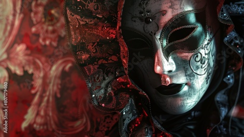 A figure adorned with an ornate lace mask, set against a backdrop of rich, swirling patterns. The mask's detailed craftsmanship and the deep, saturated colors create a mood of mystery and elegance.