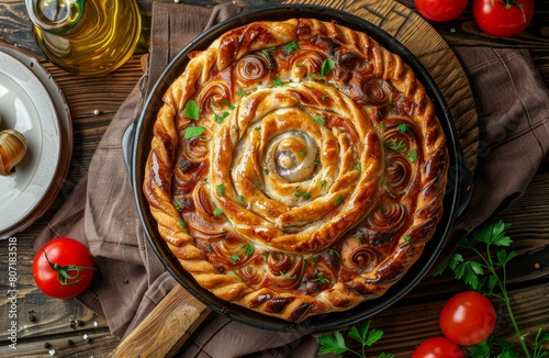 Traditional Turkish homemade snail pie top view with space for text