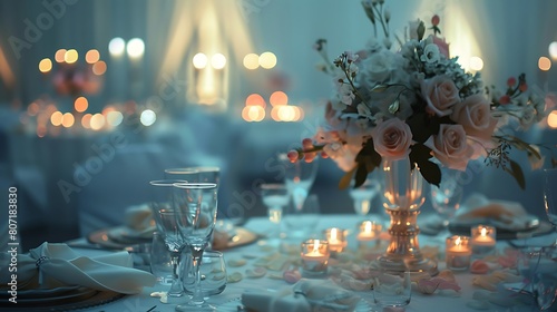 A dreamy wedding reception room adorned with elegant table settings and soft candlelight, all set against a pure white background for a magical ambiance.