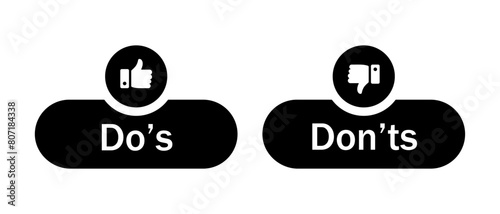 Do's and don'ts button icon with like and dislike symbol in black color. Do's and Don'ts buttons with thumbs up and thumbs down symbols. Check box icon with thumbs up and down sign. Vector