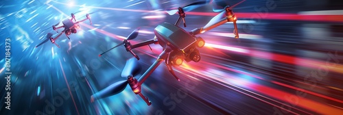 An exhilarating scene of high-speed drone racing enhanced by dynamic LED light trails, embodying technology, excitement, and competitive sport
