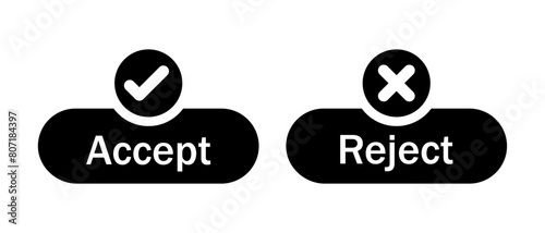 Accept and reject button icon with tick and cross symbol in black color. Right and wrong buttons symbols. Check box icon with right and wrong sign. Vector