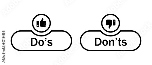 Do's and don'ts button icon with like and dislike symbol in black color stroke style. Do's and Don'ts buttons with thumbs up and thumbs down symbols. Check box icon with thumbs up and down sign.
