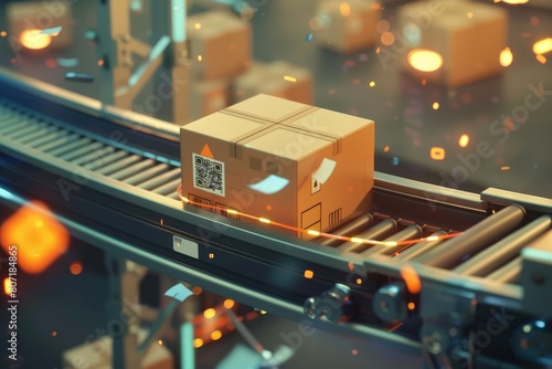 Animated sequence of a cardboard box traveling along a conveyor belt, tags fluttering and QR code scanning in action, great for educational content about modern logistics