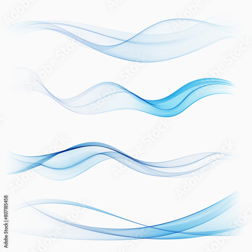 Abstract smoke waves transparent smooth blue lines, waves set.