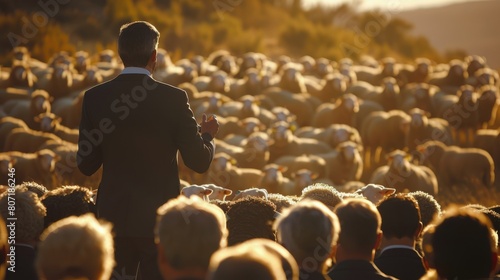 Man Standing in Front of a Herd of Sheep