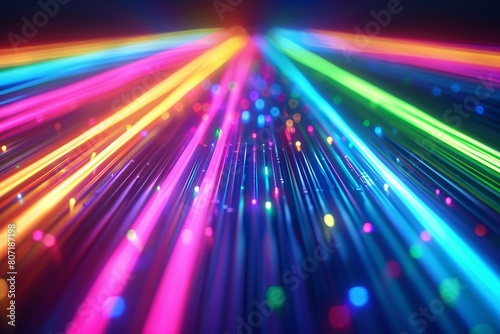 Highspeed neon lines in a spectrum of rainbow colors, creating a sense of swift data flow against a dark background with subtle bokeh effects