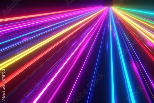 Highspeed neon lines in a spectrum of rainbow colors, creating a sense of swift data flow against a dark background with subtle bokeh effects