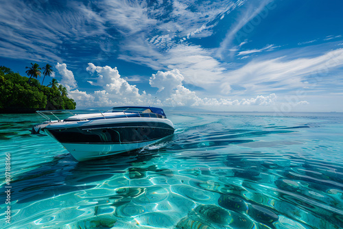 White fast boat in the tropical blue sea