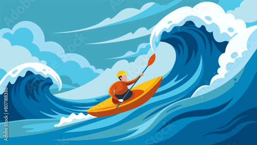 Adrenaline surges as the kayaker conquers each tumultuous wave of the rapid descent.. Vector illustration