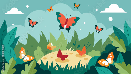 A burst of butterflies explodes from the underbrush as startled by the orienteers sudden appearance as the orienteers themselves are by the unexpected. Vector illustration