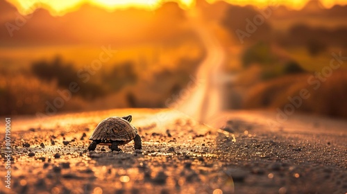 Turtle crossing a deserted country road, framed by golden hour light, embodying peace and perseverance
