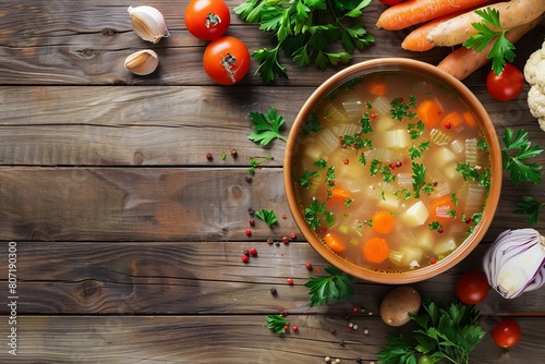 Vegetable soup on rustic wooden background with copy space ingredients visible