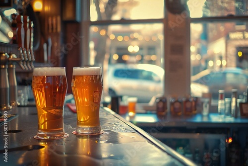 Two glasses of beer on the bar counter in a pub, shallow depth of field