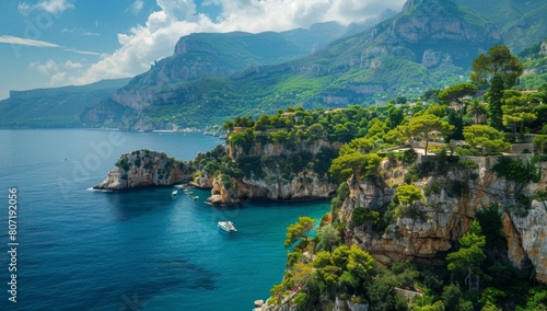 The rugged cliffs of the French Riviera, with their blue waters and lush greenery, create an iconic backdrop for scenic travel photography Generative AI