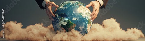 The photo shows a pair of hands cupping a glowing blue and green Earth in front of a grey background with a smoky texture. The image symbolizes that human destroys the world with our own hands.